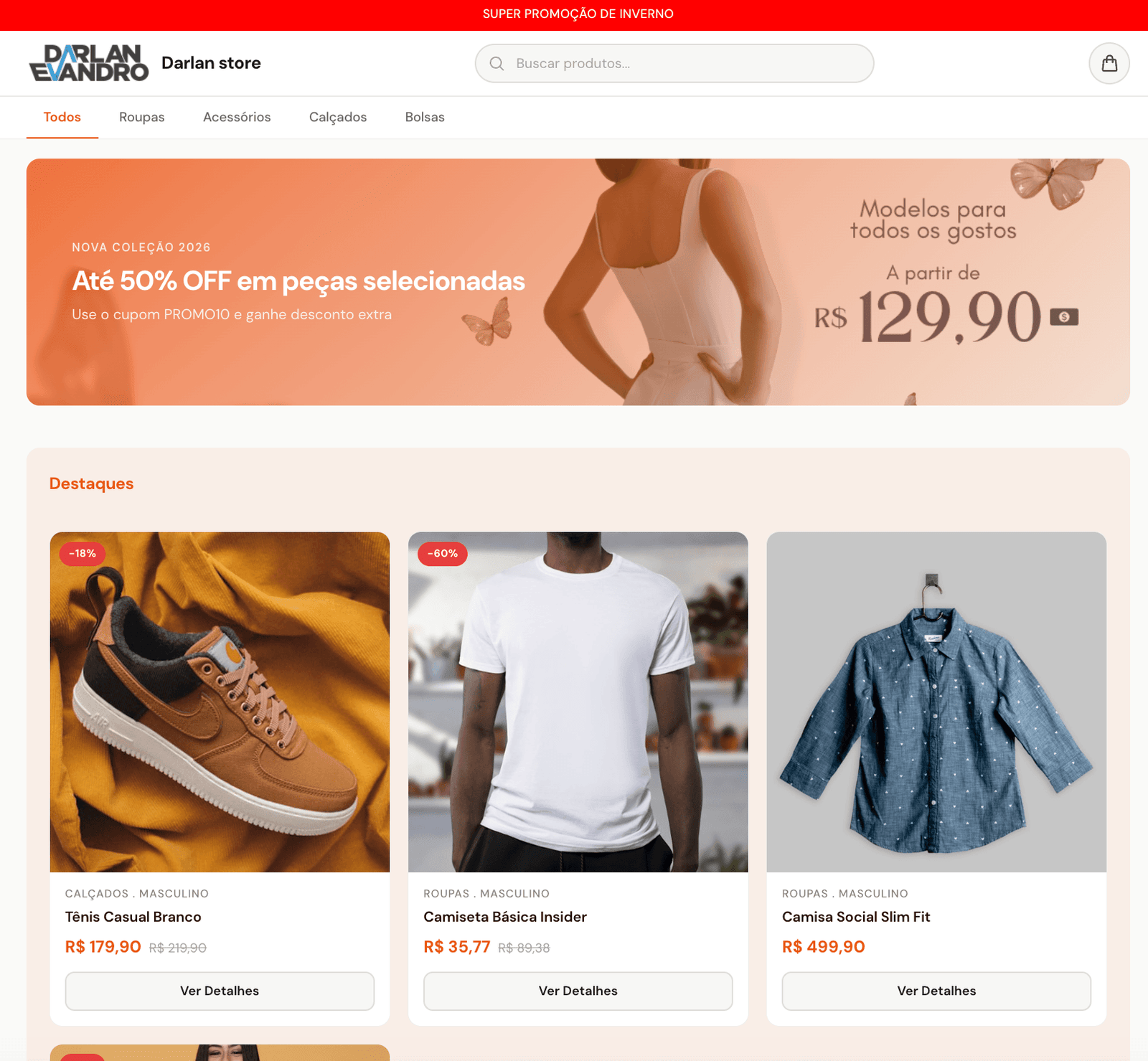 Exemplo de loja Planiloja no computador, com banner, categorias e produtos em destaque